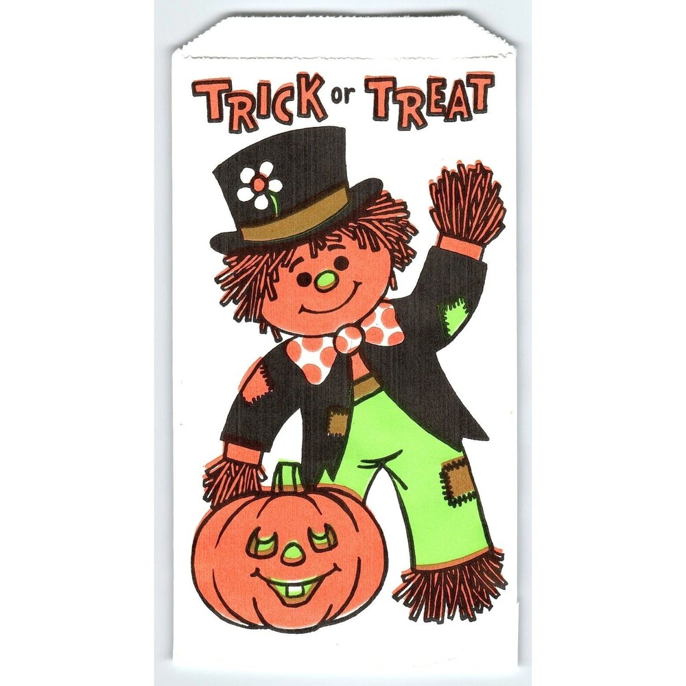 Vintage 1970s Fun World Halloween Trick or Treat Candy Bag Scarecrow